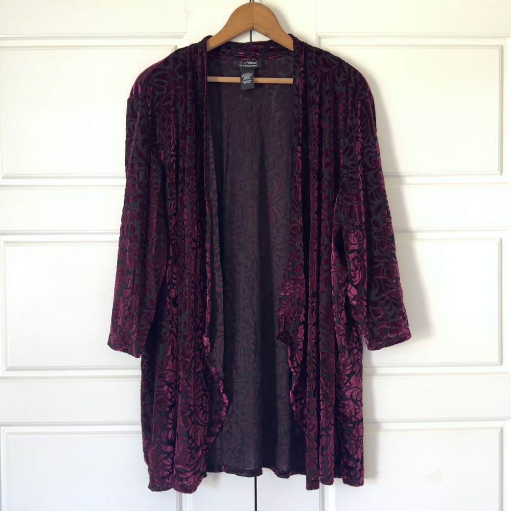 Catherines Floral Burnout Velvet Cardigan Womens 3X Purple Black Whimsy Metallic